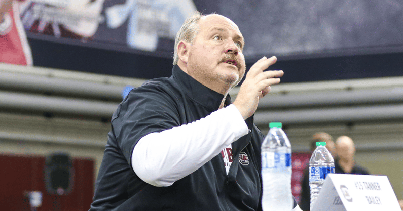 South Carolina offensive line coach Greg Adkins speaks at media day