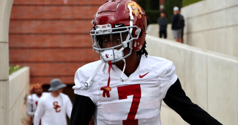 Calen Bullock attends the first 2022 fall camp practice with the USC Trojans