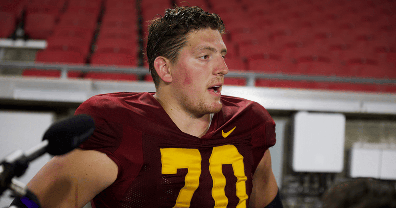 USC offensive lineman Bobby Haskins speaks to the media following the fourth practice of 2022 fall camp for the USC Trojans.