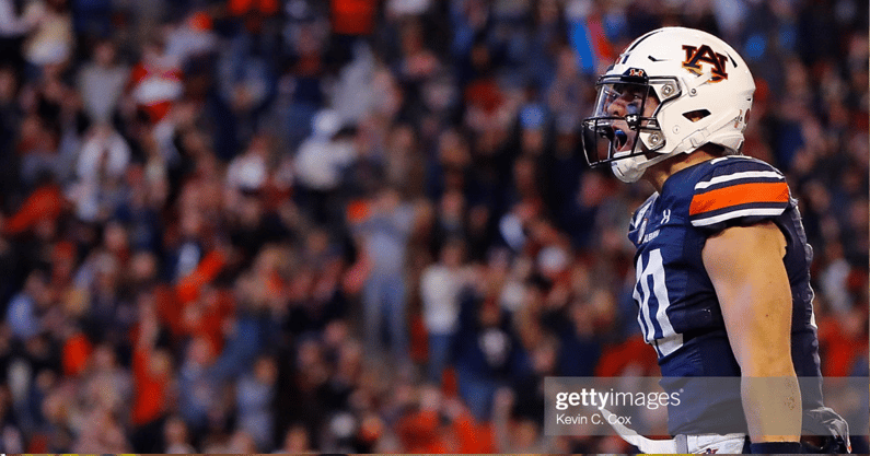 AUBURN, ALABAMA - NOVEMBER 16: Bo Nix #10 of the Auburn Tigers reacts after rushing for a touchdown in the second half against the Georgia Bulldogs at Jordan-Hare Stadium on November 16, 2019 in Auburn, Alabama. (Photo by Kevin C. Cox/Getty Images)