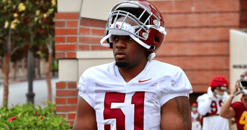 USC defensive end and rush end Solomon Byrd walks out to Howard Jones/Brian Kennedy Field for a fall camp practice with the Trojans.