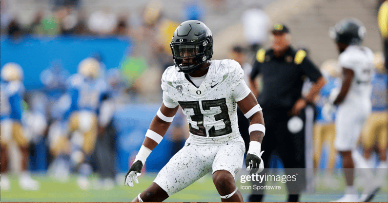 PASADENA, CA - OCTOBER 23: Oregon Ducks safety Jeffrey Bassa (33) before a college football game between the Oregon Ducks and the UCLA Bruins on October 23, 2021, at the Rose Bowl in Pasadena, CA. (Photo by Jordon Kelly/Icon Sportswire via Getty Images)