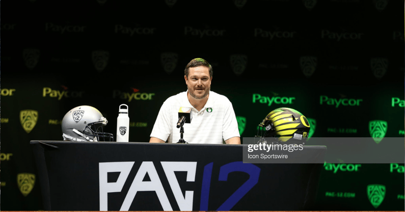 LOS ANGELES, CA - JULY 29: Oregon coach Dan Lanning during the Pac-12 Football Media Day on July 29, 2022, at Novo Theater in Los Angeles, CA. (Photo by Jevone Moore/Icon Sportswire via Getty Images)