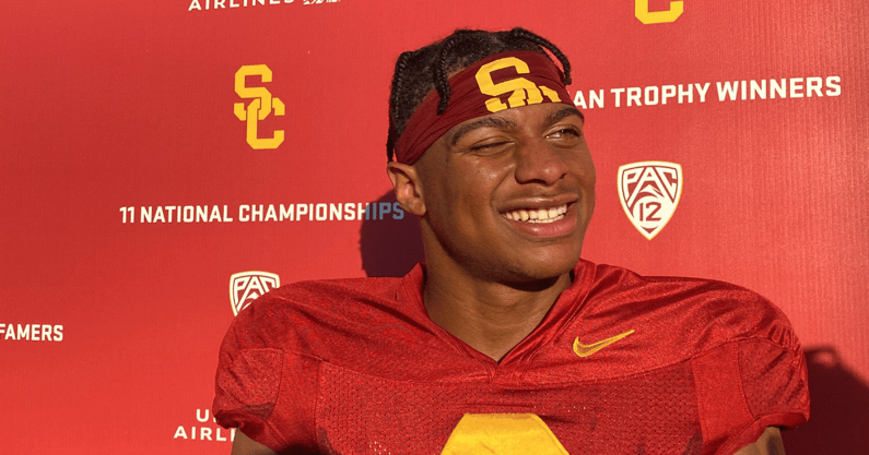USC Trojans wide receiver Brenden Rice talks with the press before his game as a Trojan.