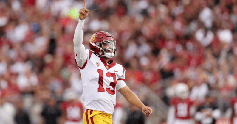 STANFORD, CALIFORNIA - SEPTEMBER 10: Caleb Williams #13 of the USC Trojans reacts after he threw a touchdown pass against the Stanford Cardinal in the first half at Stanford Stadium on September 10, 2022 in Stanford, California. (Photo by Ezra Shaw/Getty 