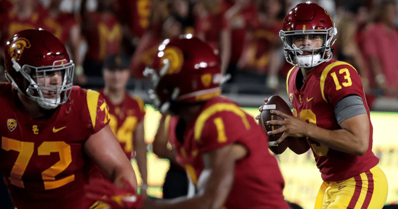 USC quarterback Caleb Williams looks for a receiver downfield during the game against Fresno State at the Coliseum in Los Angeles. on Saturday night, Sep. 17, 2022. (Luis Sinco / Los Angeles Times)