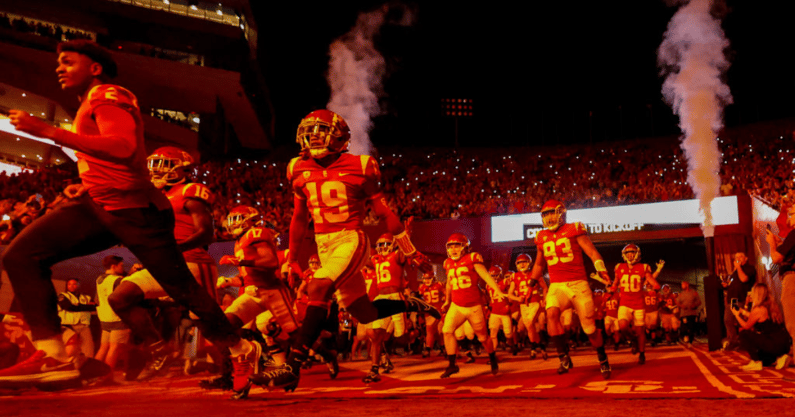 USC Trojans running out of the tunnel during a college football game between the Fresno State Bulldogs and the USC Trojans on September 17, 2022, at the Los Angeles Memorial Coliseum in Los Angeles, CA. (Photo by Jordon Kelly/Icon Sportswire via Getty Ima