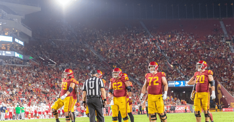USC's offensive line readies for a play against Fresno State