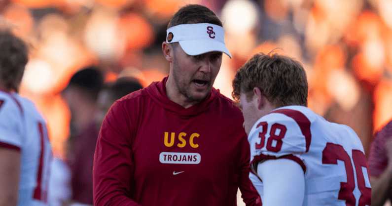 USC Trojans Head Coach Lincoln Riley encourages his team before their game against Oregon State University at Reser Stadium on September 24, 2022 in Corvallis, Oregon. (Photo by Ali Gradischer/Getty Images)