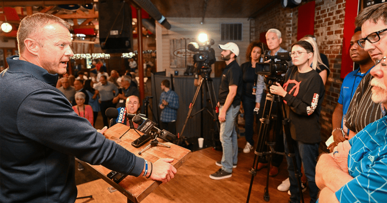 Auburn Coach Bryan Harsin talks to the media at Mike Gottfried ’s 1st and 10 Club on Monday, Oct. 17, 2022 in Mobile, AL. (Todd Van Emst/AU Athletics)