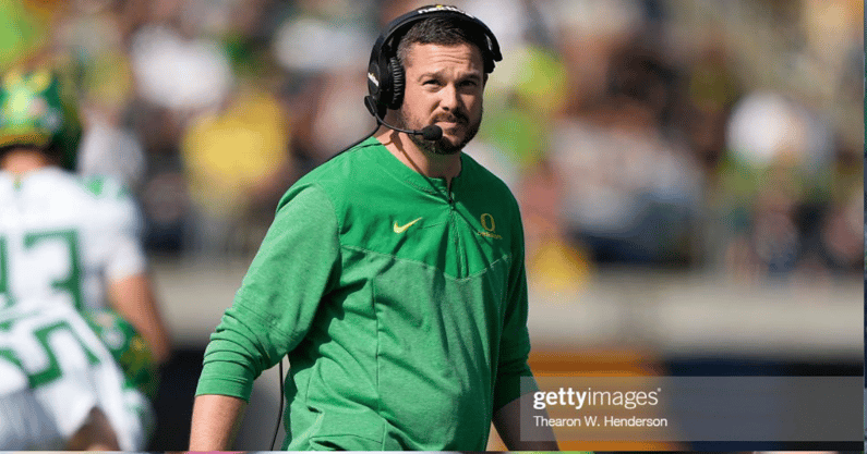 BERKELEY, CALIFORNIA - OCTOBER 29: Head coach Dan Lanning of the Oregon Ducks looks on from the sidelines against the California Golden Bears during the first quarter of an NCAA football game at FTX Field at California Memorial Stadium on October 29, 2022