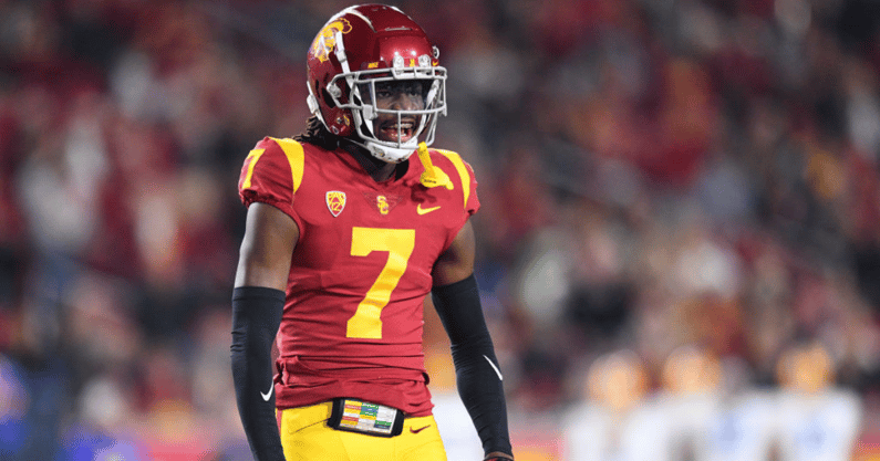 USC Trojans defensive back Calen Bullock (7) celebrates during a game between the California Golden Bears and the USC Trojans on November 5, 2022, at Los Angeles Memorial Coliseum in Los Angeles, CA. (Photo by Brian Rothmuller/Icon Sportswire via Getty Im