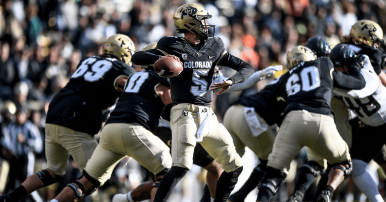Quarterback J.T. Shrout #5 of the Colorado Buffaloes passes against the Oregon Ducks in a game at Folsom Field on November 5, 2022 in Boulder, Colorado. (Photo by Dustin Bradford/Getty Images)