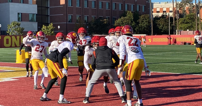 USC's defense going through their practice routine as they prepare to play the UCLA Bruins. Photo credit: Marc Kulkin/WeAreSC