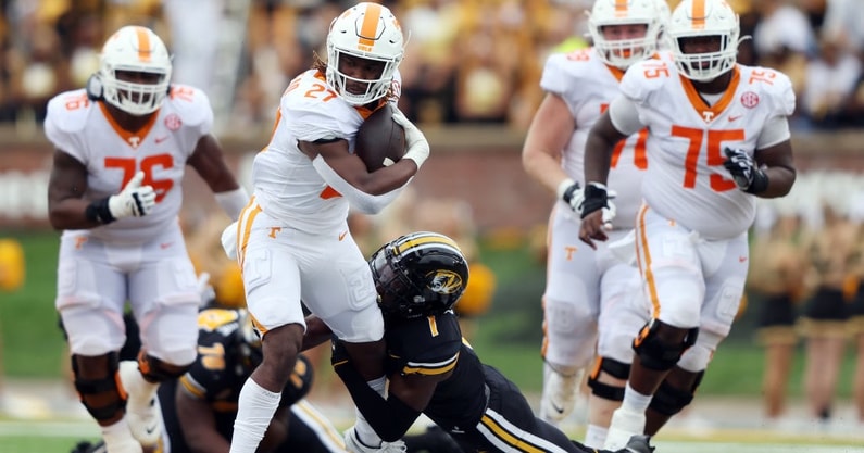 COLUMBIA, MISSOURI - OCTOBER 02: Running back Len'Neth Whitehead #27 of the Tennessee Volunteers carries the ball during the game against the Missouri Tigers at Faurot Field/Memorial Stadium on October 02, 2021 in Columbia, Missouri. (Photo by Jamie Squir