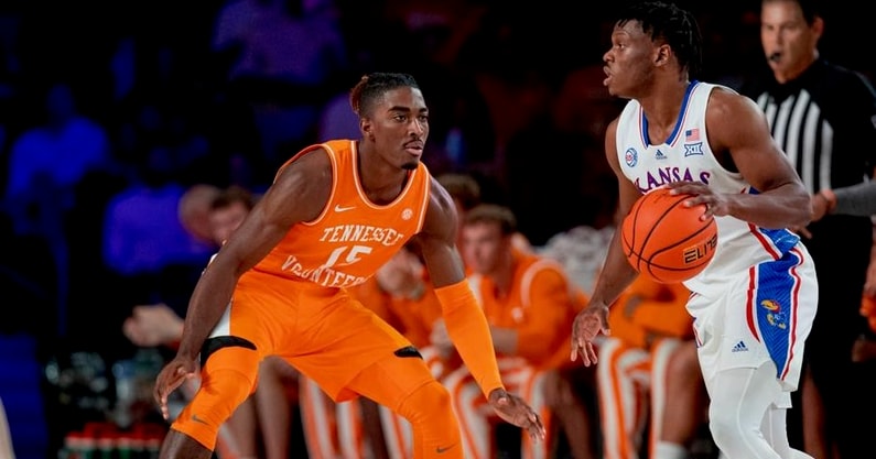 Tennessee sophomore wing Jahmai Mashack guards against Kansas in the Battle 4 Atlantis (Tennessee Athletics)