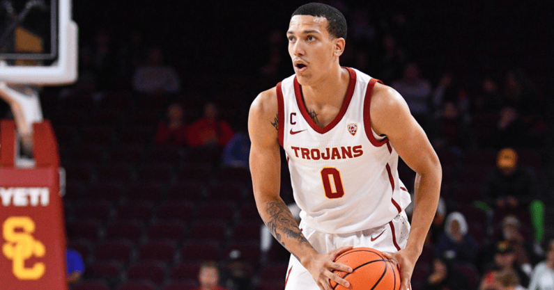 USC Trojans guard Kobe Johnson (0) looks to make a pass during the college basketball game between the Alabama State Hornets and the USC Trojans on November 10, 2022 at Galen Center in Los Angeles, CA. (Photo by Brian Rothmuller/Icon Sportswire via Getty Images)