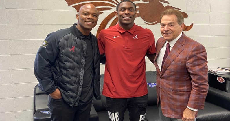 Alabama commit Malik Benson with Nick Saban and Holmon Wiggins.