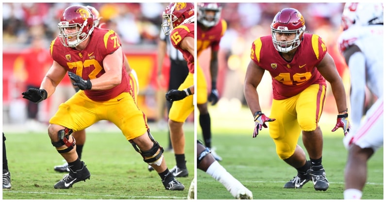 USC Trojans offensive lineman Andrew Vorhees (72) blocks during a college football game between the Utah Utes and the USC Trojans. (R) USC Trojans defensive lineman Tuli Tuipulotu (49) looks to rush the passer during a college football game between the Ut
