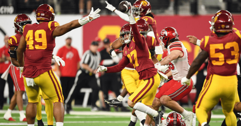 USC Trojans defensive back Bryson Shaw (27) celebrates after recovering a fumble during the Pac-12 Conference championship game between the Utah Utes and the USC Trojans at Allegiant Stadium on December 2, 2022 in Las Vegas, Nevada. (Photo by Brian Rothmu