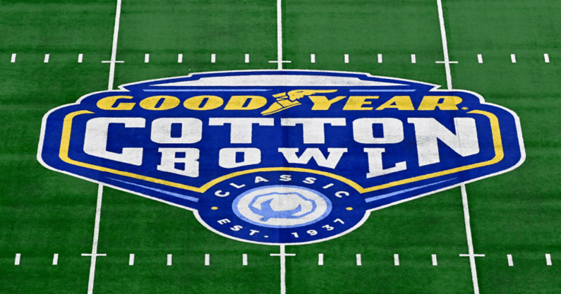 A general view of the Goodyear Cotton Bowl logo on the 50 yard line before the Goodyear Cotton Bowl Classic football game between the USC Trojans and the Tulane Green Wave at AT&T Stadium on January 02, 2023 in Arlington, Texas. (Photo by Alika Jenner/Get