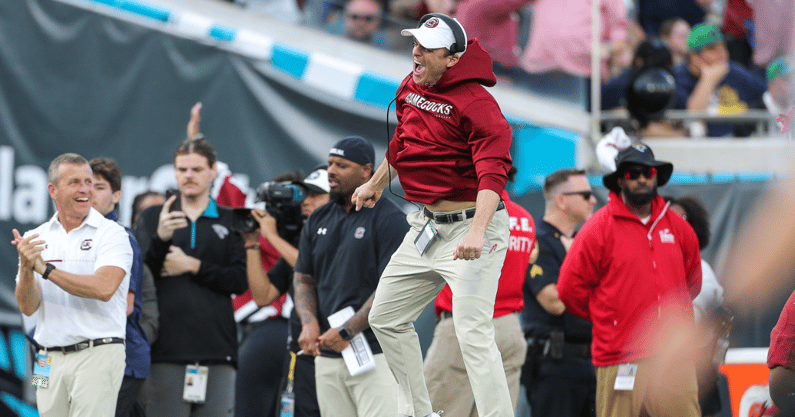 South Carolina head coach Shane Beamer celebrates at the Gator Bowl