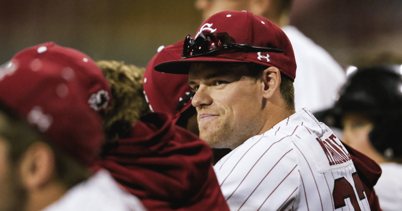 South Carolina pitcher Jack Mahoney in the dugout during a game