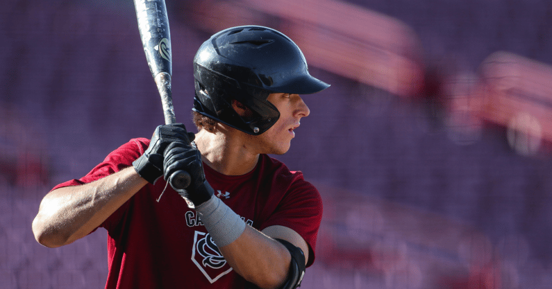 South Carolina sophomore outfielder Evan Stone takes an at-bat during a fall scrimmage