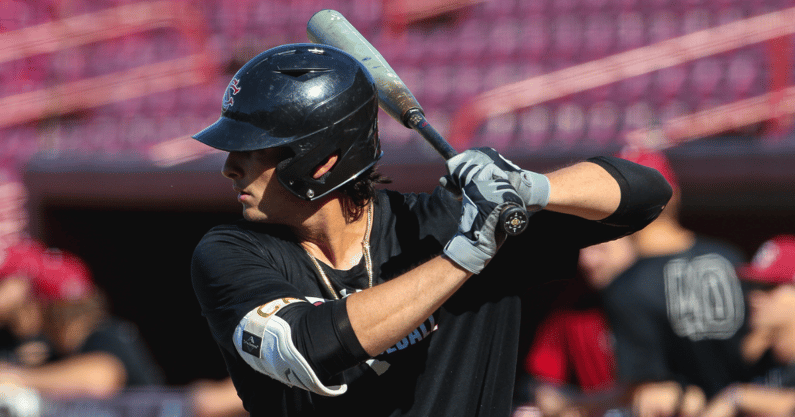 South Carolina first baseman Gavin Casas takes an at-bat during fall scrimmages