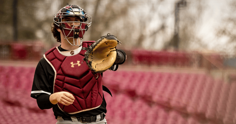 South Carolina utility player Talmadge LeCroy plays catcher during a scrimmage