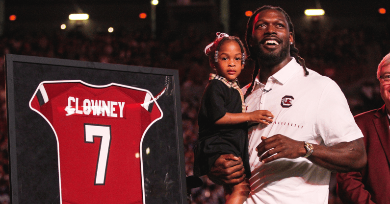South Carolina great Jadeveon Clowney during his jersey retirement in 2022