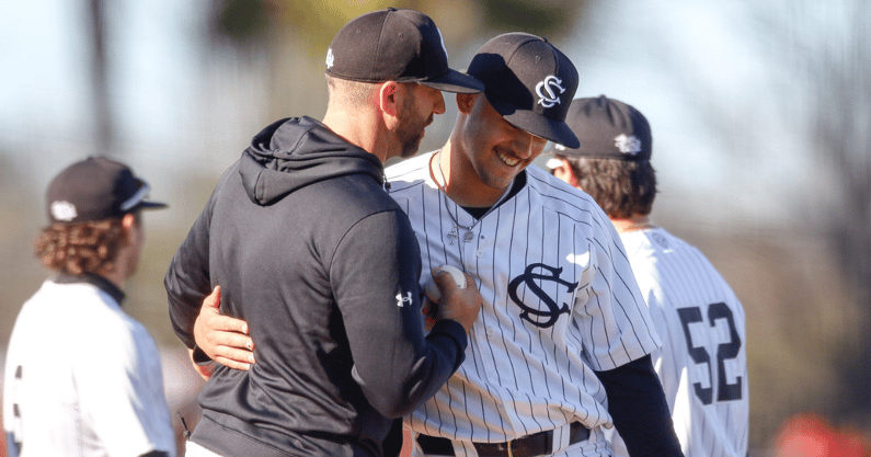 South Carolina pitcher Noah Hall exits a dominant outing against UMass Lowell with a smile