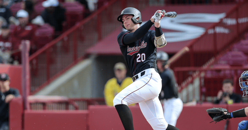 South Carolina infielder Ethan Petry swings at a pitch against UMass Lowell