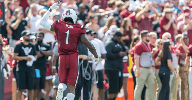 South Carolina cornerback Jaycee Horn pumps up the crowd