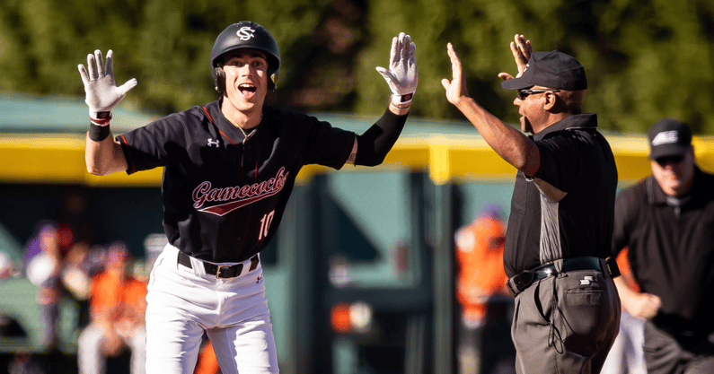 South Carolina outfielder Dylan Brewer celebrates after hitting a double against Clemson