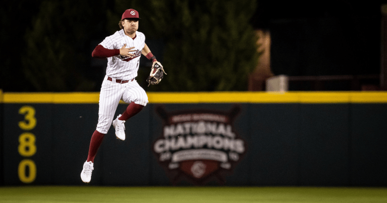 South Carolina second baseman Will McGillis makes a leaping defensive play against Bethune-Cookman