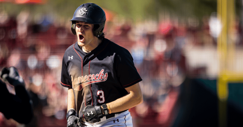 South Carolina shortstop Braylen Wimmer celebrates after scoring against Clemson