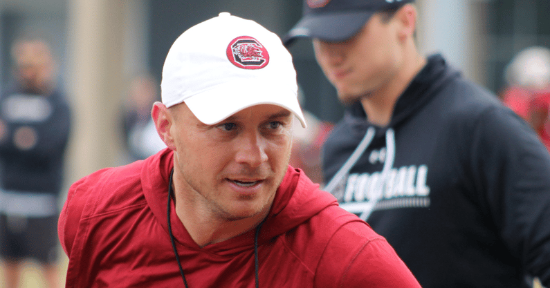 South Carolina receivers coach Justin Stepp works a drill during spring practice