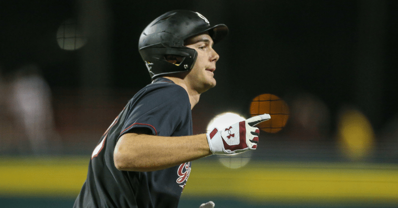 South Carolina right fielder Ethan Petry celebrates after hitting a game-tying home run against Missouri