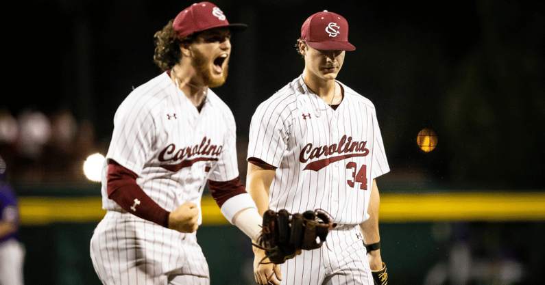 South Carolina right-handed pitcher James Hicks walks off the mound after an inning against LSU