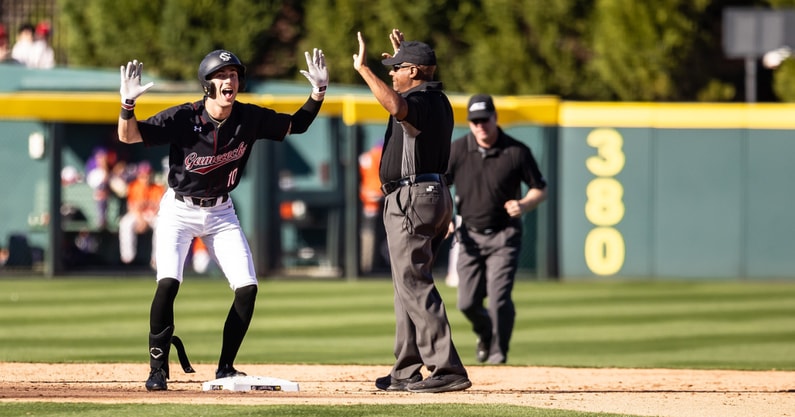 South Carolina outfielder Dylan Brewer celebrates a double against Clemson
