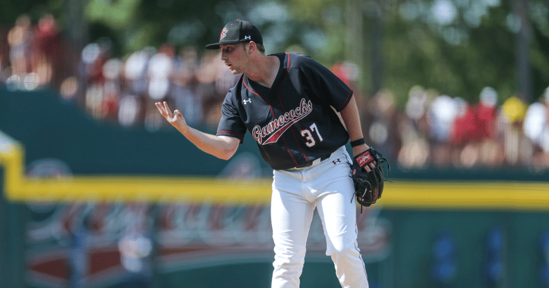 South Carolina closer Chris Veach celebrates sweeping Florida at Founders Park