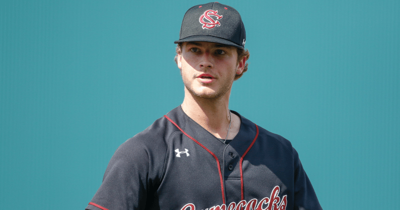 South Carolina pitcher James Hicks walks off the mound after an inning against Florida