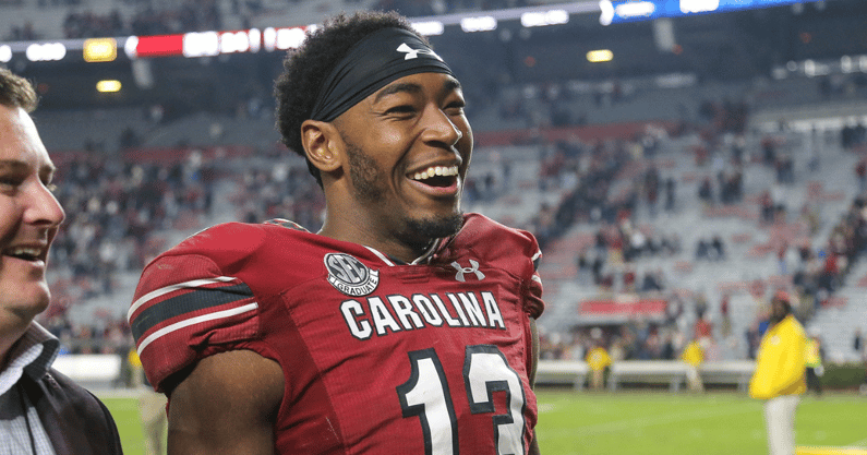 South Carolina receiver Jalen Brooks celebrates after beating Texas A&M