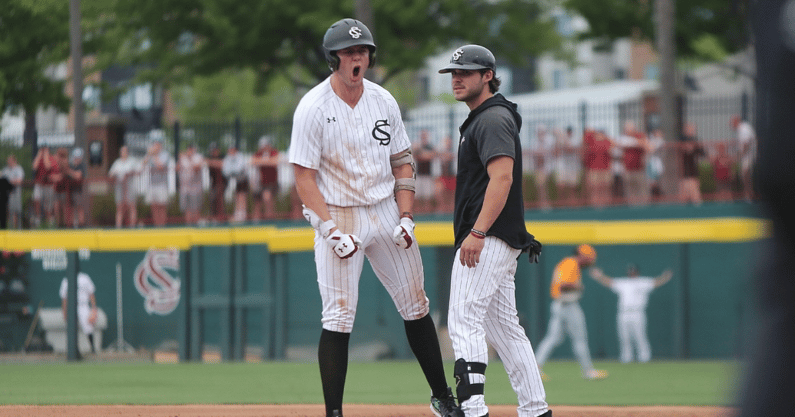 South Carolina right fielder Ethan Petry celebrates after a go-ahead hit against Tennessee