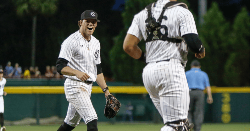 South Carolina right-hander Jack Mahoney celebrates coming off the mound against Florida