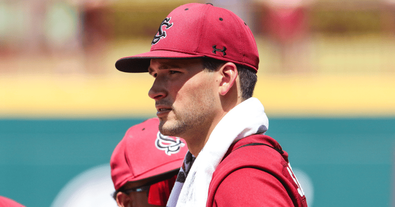 South Carolina right-hander Will Sanders watches pregame