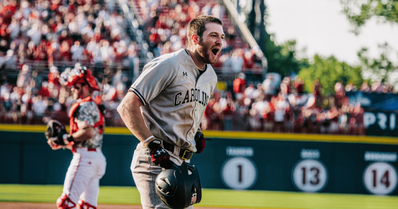 South Carolina shortstop Braylen Wimmer celebrates a home run during a regional