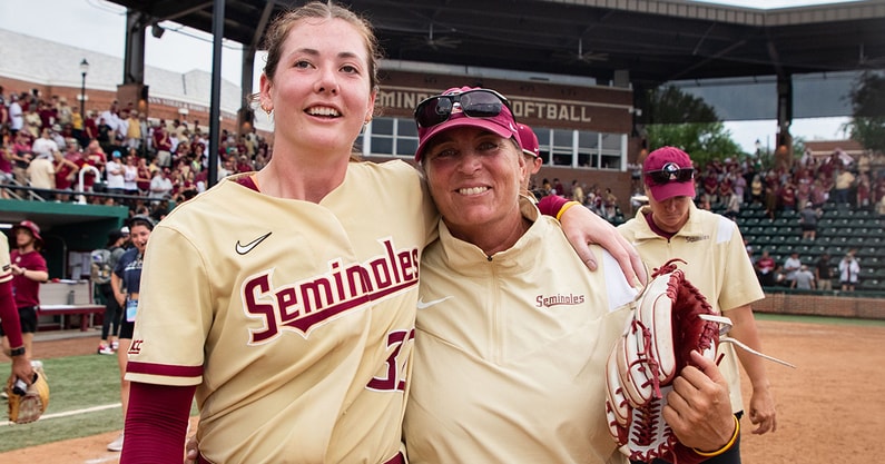 Florida State pitcher Kathryn Sandercock and coach Lonni Alameda