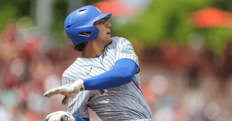 Florida two-way player Jac Caglianone takes a swing during a series against South Carolina